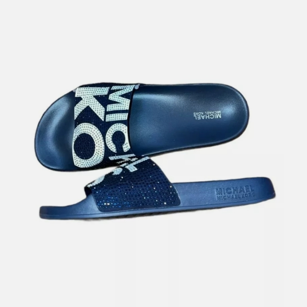 New Michael Kors slide Navy blue with white  with sparkling  Logo - Picture 2 of 8